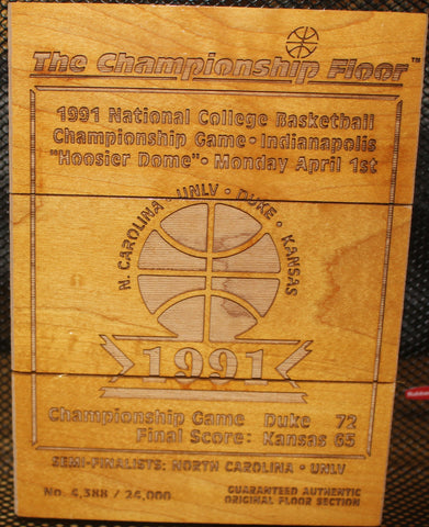 1991 NCAA Basketball Floor Piece, Duke Champs, Kansas Runners Up