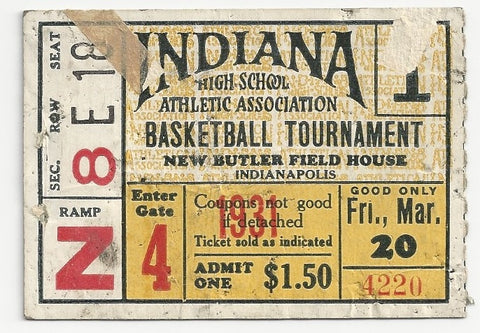 1931 Indiana High School Basketball State Finals Session 1 Ticket Stub