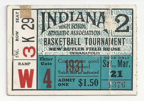 1931 Indiana High School Basketball State Finals Ticket Stub