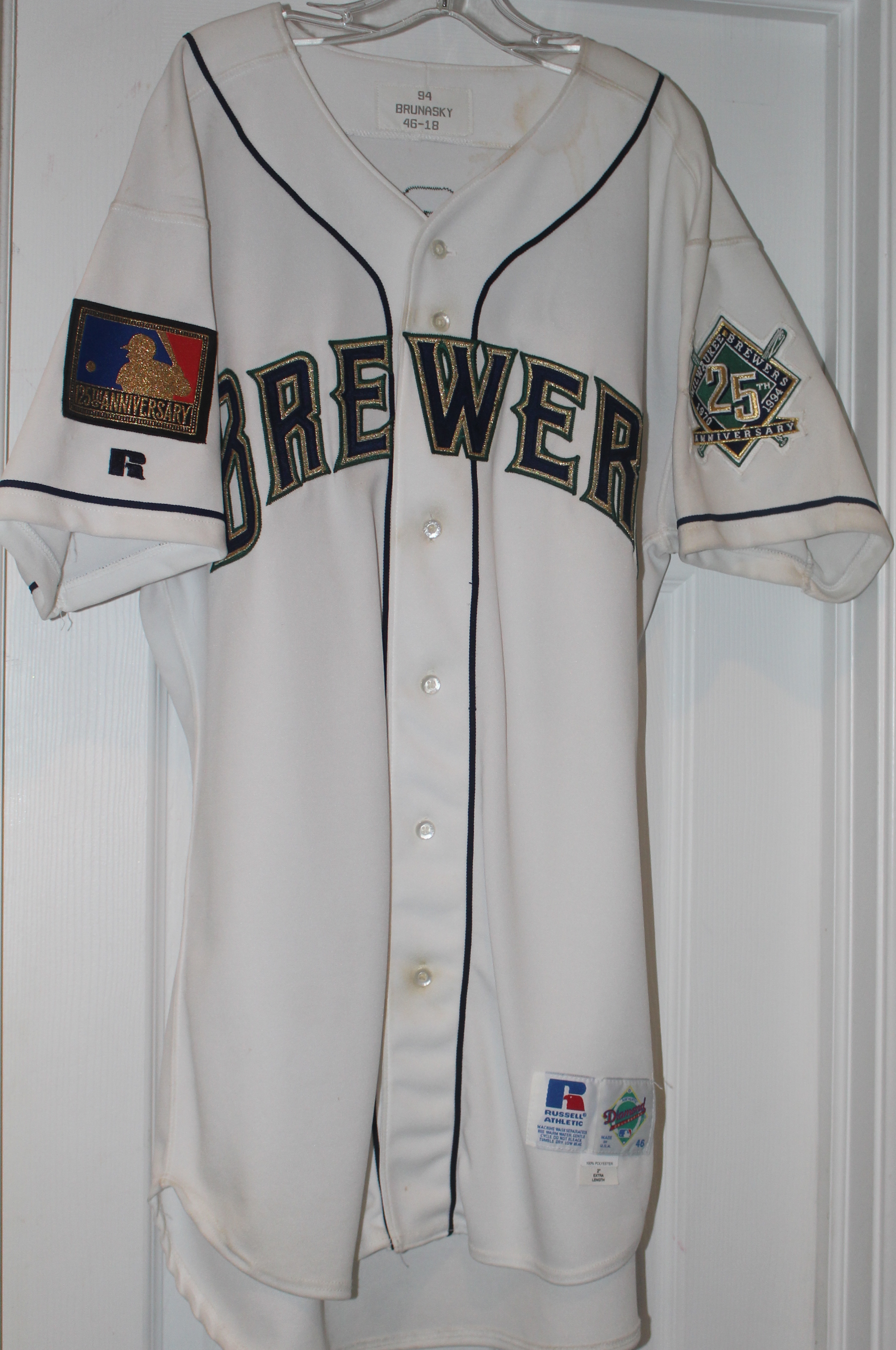 1994 Tom Brunasky Milwaukee Brewers Game Used Baseball Jersey, 2