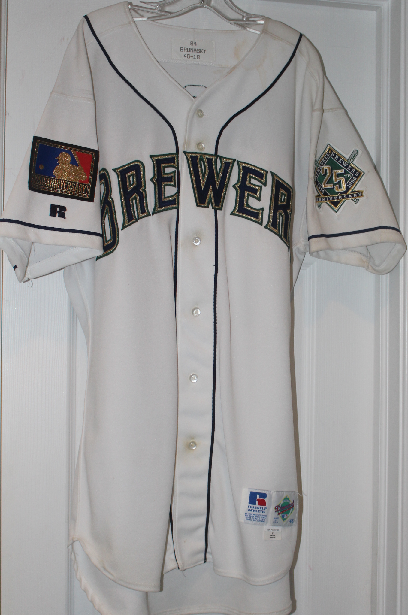 1994 Tom Brunasky Milwaukee Brewers Game Used Baseball Jersey, 2 Anniv