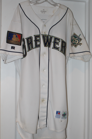 1994 Tom Brunasky Milwaukee Brewers Game Used Baseball Jersey, 2 Anniversary Patches