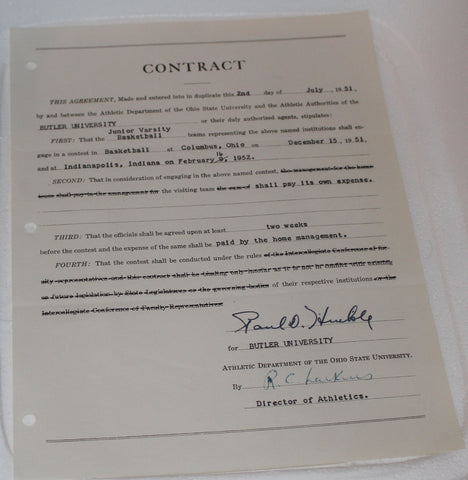 1951 Butler University vs Ohio State University Basketball Contract, Tony Hinkle Signature