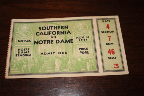 1931 USC vs Notre Dame Football Ticket Stub