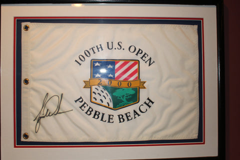 (2) 1999 U.S. Open Autographed Flags, Woods & Nicklaus plus Credential