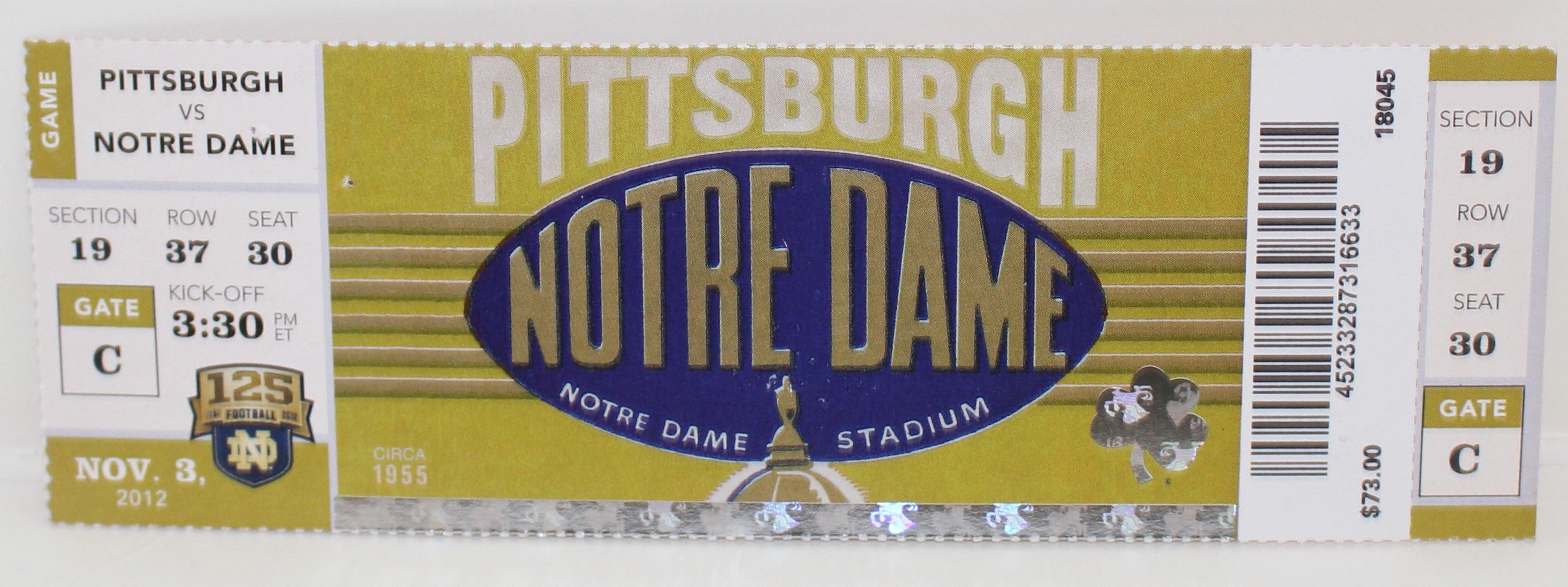 2012 Pittsburgh vs Note Dame Football Ticket Vintage Indy Sports