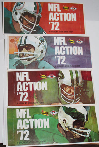4 Unopened Packs of 1972 Sunoco NFL Action Football Stamps, 36 Stamps in total