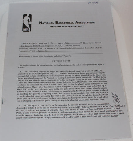 1989 Dyron Nix Indiana Pacers NBA Basketball Uniform Player Contract