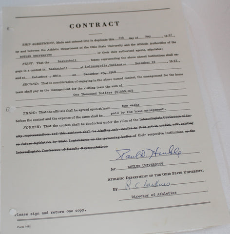 1967 Butler University vs Ohio State University Basketball Contract, Tony Hinkle Signature