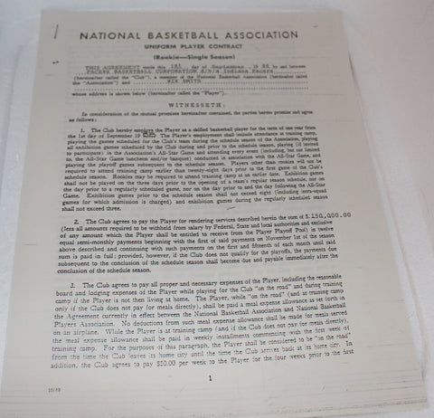 1988 Rik Smits Indiana Pacers Basketball Rookie Contract, Unsigned