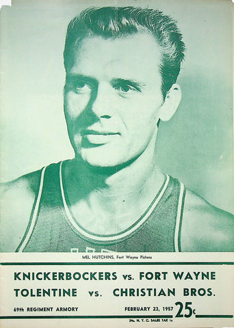1957 Fort Wayne Pistons vs New York Knicks Basketball Program, Mel Hutchins on Cover