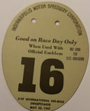 1947 Indianapolis 500 Pit Badge Back Up Card #16