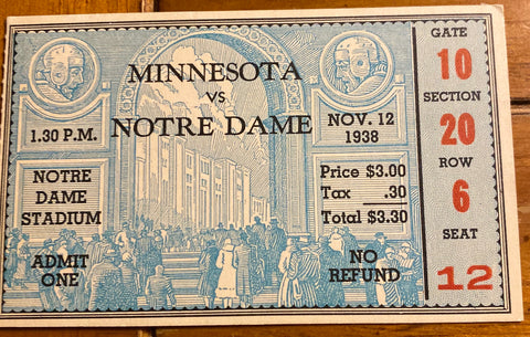 1938 Minnesota vs Notre Dame Football Ticket Stub
