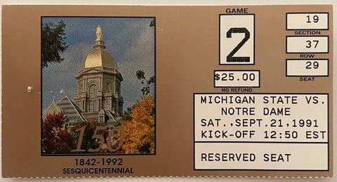 1991 Michigan State vs Notre Dame Football Ticket Stub