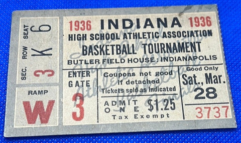 1936 Indiana High School Basketball State Finals Ticket Stub