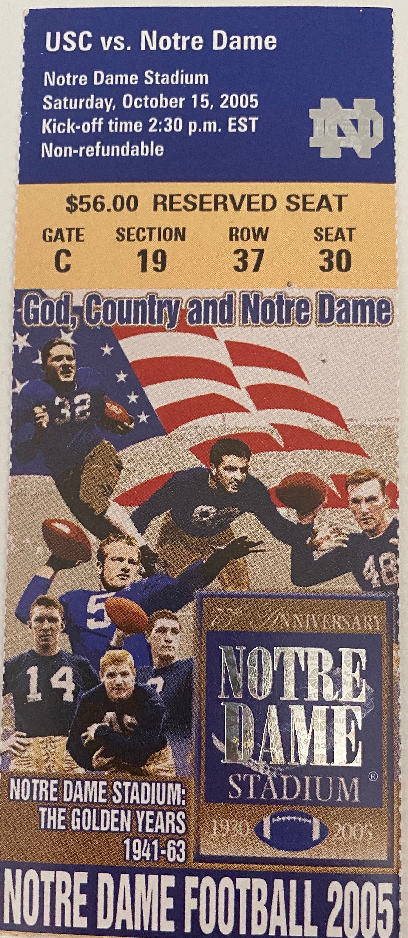 2005 USC versus Notre Dame football ticket Vintage Indy Sports