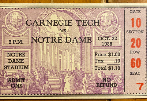 1938 Carnegie Tech vs Notre Dame Ticket Stub