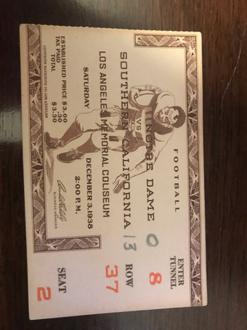 1938 Notre Dame vs USC Football Ticket Stub