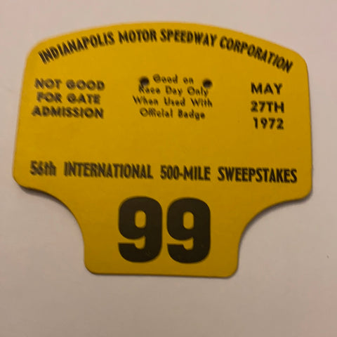 1972 Indianapolis 500 Pit Badge Back Up Card #99