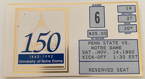 1992 Penn State vs Notre Dame Football Ticket Stub