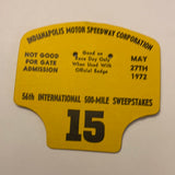 1972 Indianapolis 500 Race Pit Badge Back Up Card #15
