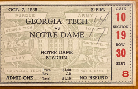 1939 Georgia Tech vs Notre Dame Football Ticket Stub
