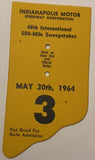 1964 Indianapolis 500 Pit Badge Back Up Card #3