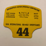1972 Indianapolis 500 Pit Badge Back Up Card #44