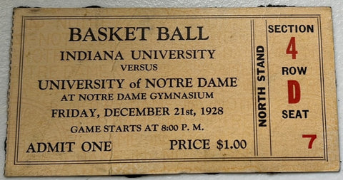 1928 Indiana University vs Notre Dame Basketball Ticket Stub